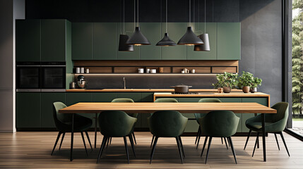A wooden tabletop rests against the backdrop of a modern and contemporary green kitchen room. The scene merges natural warmth with sleek design, creating an abstract composition th