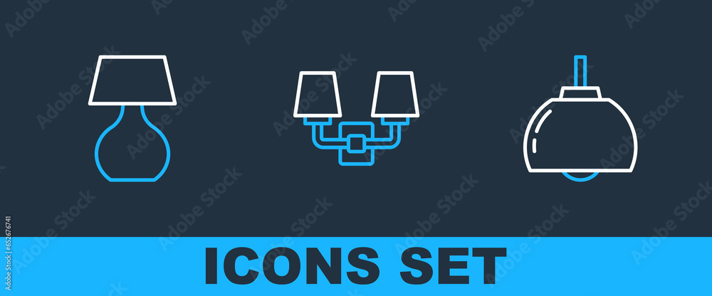 Sticker set line chandelier, table lamp and wall or sconce icon. vector