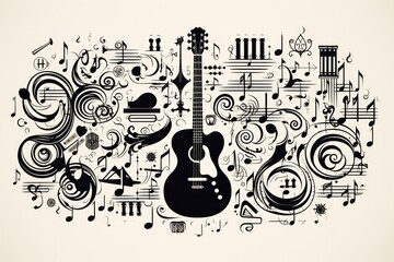 Obraz premium music background with notes and guitar ink illustration in black and white or grayscale