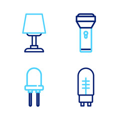 Set line Light emitting diode, Flashlight and Table lamp icon. Vector