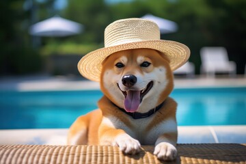 happy cute shiba inu dog in straw hat smiling near pool in summer. Travel agency ad.
