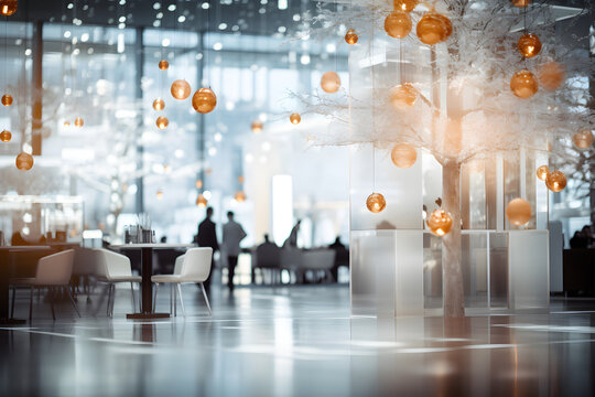 An abstract blurred office interior of a pioneering technology company in Tokyo, adorned with a blend of modern tech and traditional Japanese Christmas decorations. Capture the holiday fusion.