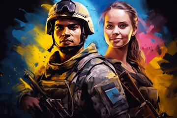 Fototapeta premium illustration of Ukrainian soldier and beautiful Ukrainian girl, Ukraine war