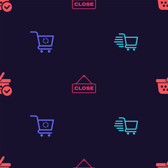 Set Shopping cart, Refresh shopping, Hanging sign with Close and basket check mark on seamless pattern. Vector