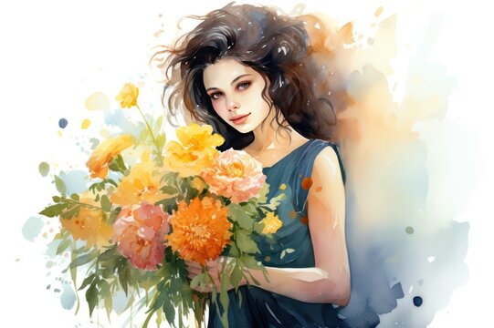 cute girl with flowers bouquet watercolor illustration. St Valentines day card. Florist ad.