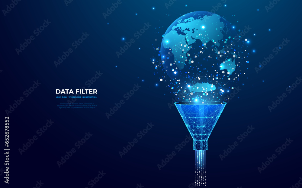 Poster Abstract funnel with data flow and globe Earth on dark blue technology background. Global network metaphor. Big data concept. Low poly wireframe vector illustration in futuristic hologram style.