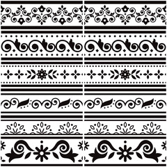 Lisbon style Azulejo tile seamless vector border or fram pattern collection, retro  design set inspired by art from Portugal with floral and geometric motif in black and white