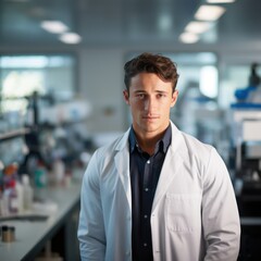 Obraz premium Young Scientist, researcher, technician or student wear glasses and blue rubber gloves while standing with crossed arms and looking away by Confident in a modern laboratory. Education