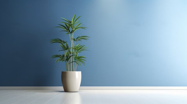 Decorative greenery a sprig of ruskus in a glass jar on a blue background. The concept for design and postcards with space for text. Horizontal orientation, no people, copy space