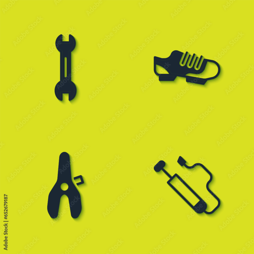 Sticker Set Wrench spanner, Bicycle air pump, seat and shoes icon. Vector