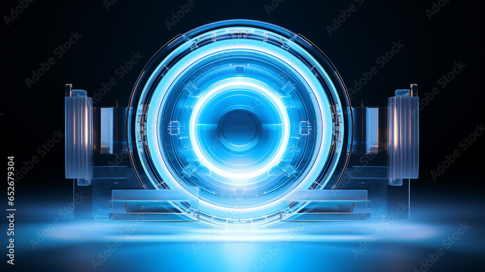Poster blue light luminescent button isolated on the background of computer graphics website design