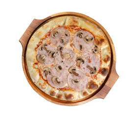 Pizza with ham and mushrooms on wooden board top view