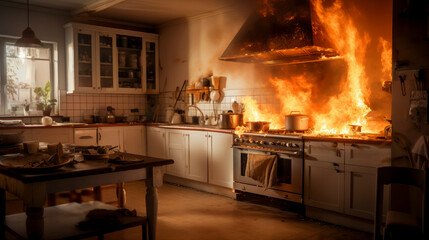 domestic fire in a kitchen - domestic accidents and home insurance concept - obrazy, fototapety, plakaty