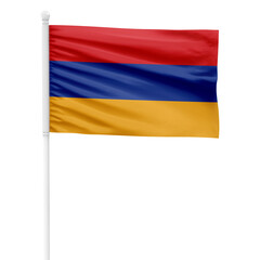 Armenia flag isolated on cutout background. Waving the Armenia flag on a white metal pole.