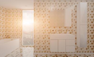 Modern bathroom including bath and sink. 3D rendering.. Sunset.