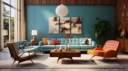 Mid century interior design for a modern living room featuring an elegant sofa, framed artwork, a table, and various accessories