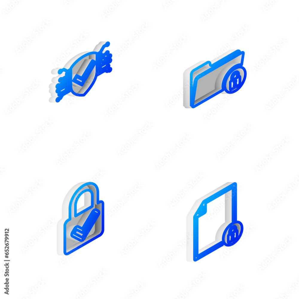 Poster set isometric line folder and lock, cyber security, lock check mark and document icon. vector