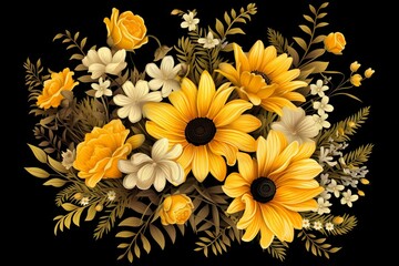 Floral arrangement with sunflowers, daisies, and knapweeds on a white or transparent background. Generative AI - obrazy, fototapety, plakaty