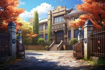 Anime school gate background. Generative AI - obrazy, fototapety, plakaty