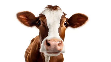 Foto auf Acrylglas red,brown healthy, cute cow with a surprised curious look and open mouth looking at the camera, isolated on a white background with copy space. © Tetiana