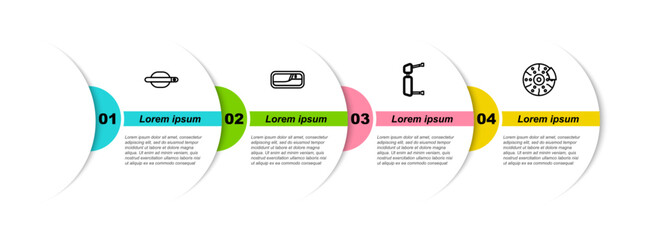 Set line Car door handle, , Truck side mirror and brake disk with caliper. Business infographic template. Vector