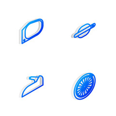Set Isometric line Car door handle, mirror, handbrake and wheel icon. Vector