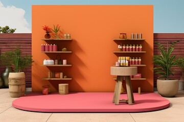 Image showing a scenically designed podium for displaying goods and advertising. Made using digital tools. Generative AI