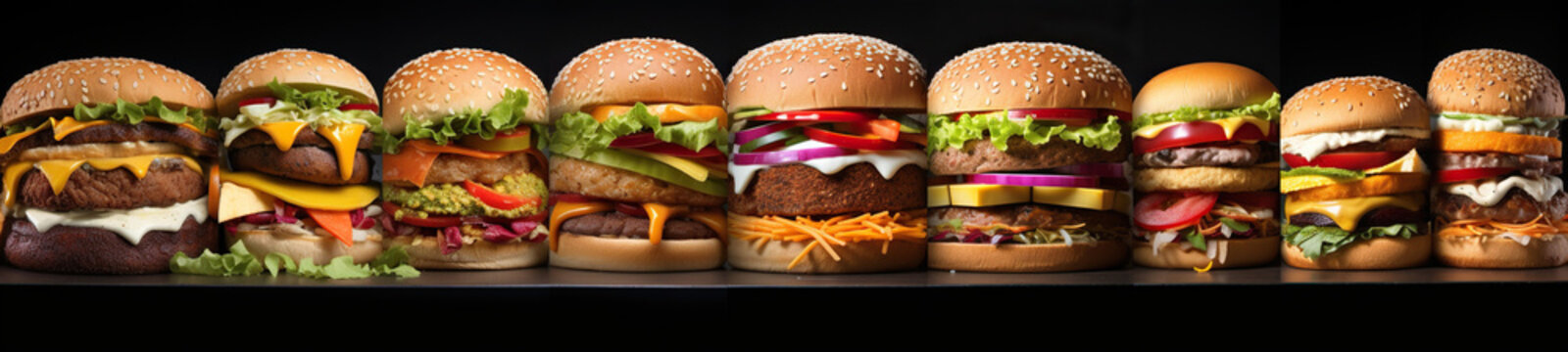 Set of different tasty burgers on black background