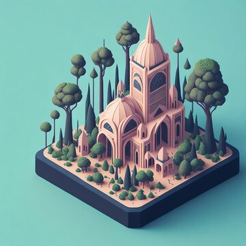Low-Poly 3D Mosque Rendering, Forest mosque