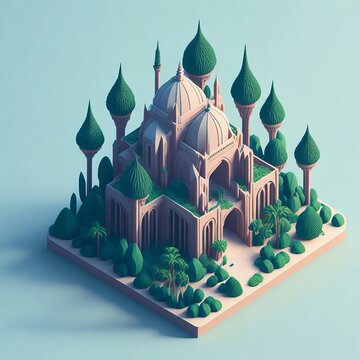 Low-Poly 3D Mosque Rendering, Forest mosque