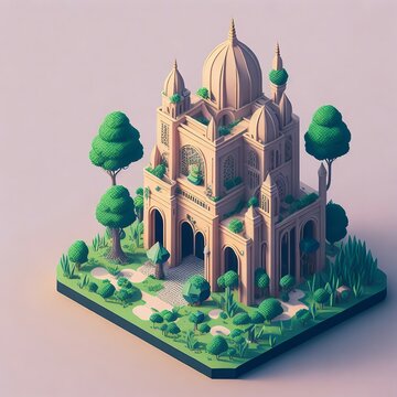 Low-Poly 3D Mosque Rendering, Forest mosque