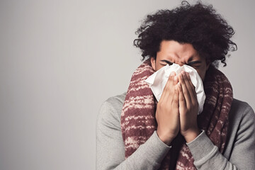 Young Latin man with the flu blowing his nose using a tissue