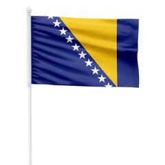 Bosnia and Herzegovina flag isolated on cutout background. Waving the Bosnia and Herzegovina flag on a white metal pole.