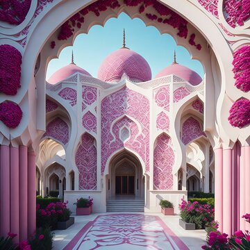 interior of a mosque pink, through the arch