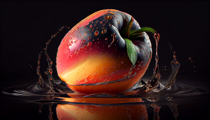 Peaches on a black background. Sweet and juicy peach