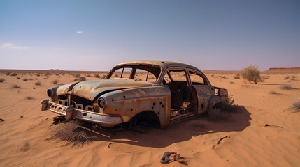 Fototapeta na wymiar old classic wreck of retro car left rusty abandoned in the sahara desert,