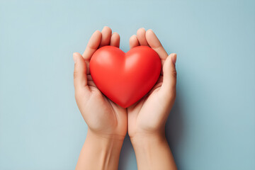 Top view showing woman's hands gently holding a heart. Generative AI.