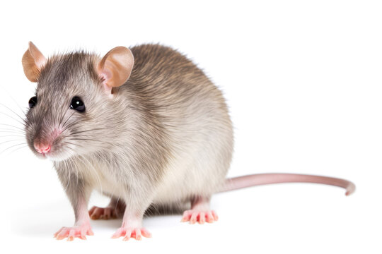 Close-up of a copy space gray rat on a white background.