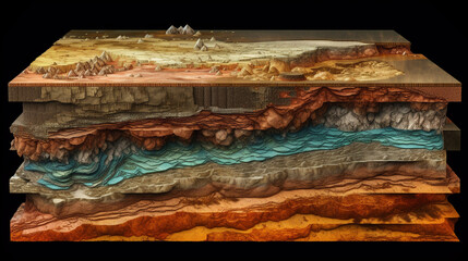Schematic abstract cut geological structure of earth layers with minerals. - obrazy, fototapety, plakaty