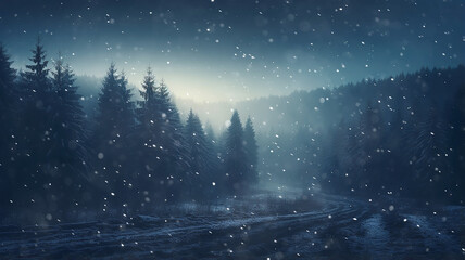 landscape night snowfall in a winter forest, panorama of a blurred background night in a blue coniferous forest swept by snow