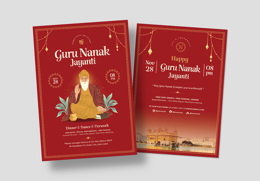 Guru Nanak Flyer Layout for Sikh Festival Event in Red Indian Theme