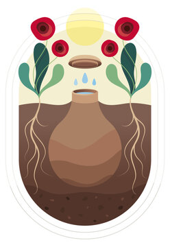 Illustration d'un oya en argile, syst&egrave;me d'irrigation traditionnel pour humidifier la terre et les plantes, ollas en c&eacute;ramique &agrave; enfouir dans le sol, la porosit&eacute; diffuse l'eau de la jarre