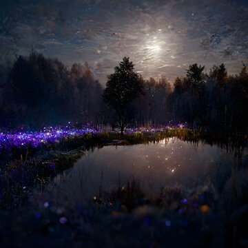 FORESTED POND CRYSTALLINE TREES NEAR HUGE POND SURROUNDED BY PURPLE LEAFED WALLED SYMMETRICAL WOODLANDS WITH PALE VIOLET AND DARK BLUE FLOWERS CURTAIN OPEN NIGHTSKY WITH AMETHYSTS AND JEWELS LIKE © Connie
