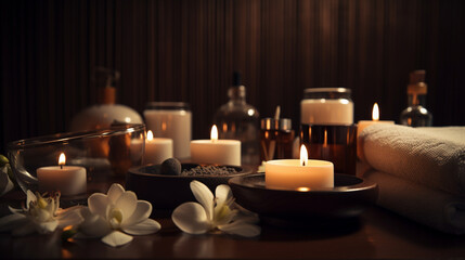 Obraz na płótnie Canvas spa or meditation massage therapy center table setting of aromatic candles towels and oil bottles and flowers