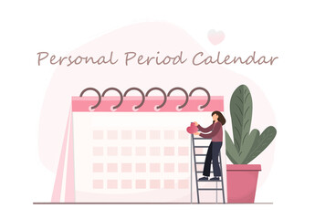 Person standing near personal period calendar, calendar for menstruation control and pregnancy planning, woman holding mobile phone scheduling period with marked days, women cycle tracker, vector 