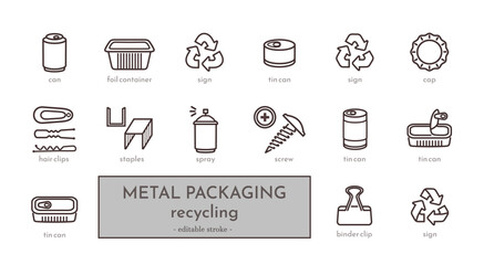 Set of 15 domestic metal items and packaging icons you can recycle. Drink can, foil container, signs with arrows, beans tin cans, bottle cap, hair clip, bobby pin. Waste sorting. Editable stroke