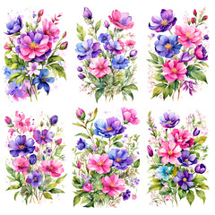 set of watercolor painting of a purple, pink, blue of wildflower, cute style, green leaves, color splash, hand drawing, white background.AI Generative