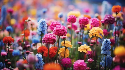 Blurry vibrant flower field with dreamy bokeh effect