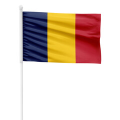 Chad flag isolated on cutout background. Waving the Chad flag on a white metal pole.