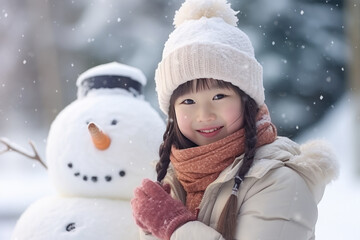 Fototapeta premium Asian japanese girl building snowman at the park in winter
